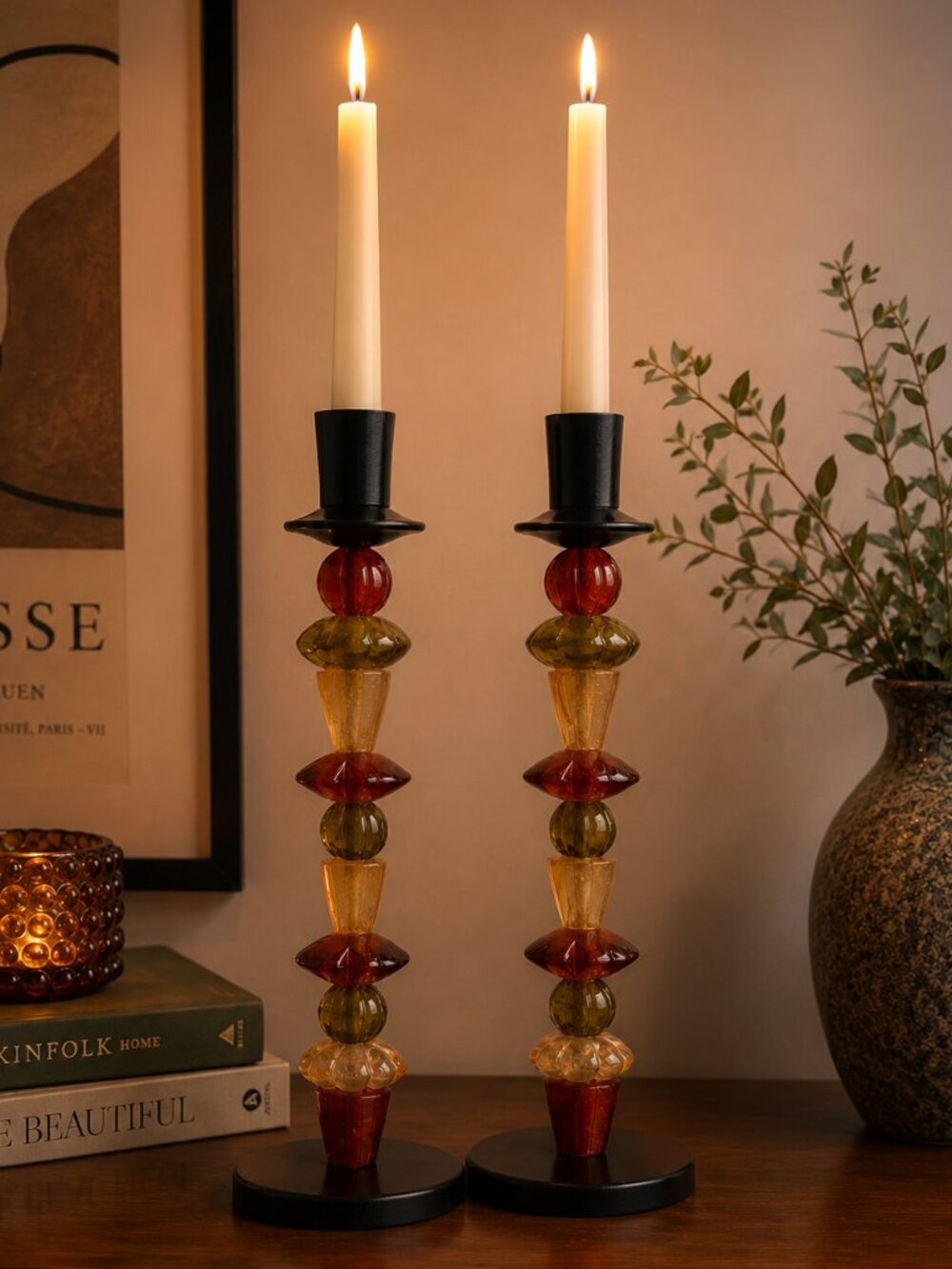 Vintage Postmodern Lucite Candle Holders Pair Multicolor Acrylic Beads 12.25”